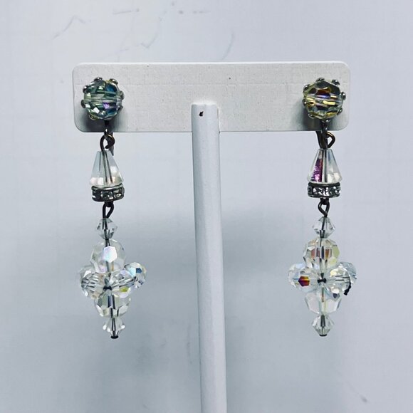 Aurora Borealis Bead Clip On Drop Dangle Earrings W/ Silver Tone Accents (5868) - Picture 1 of 5